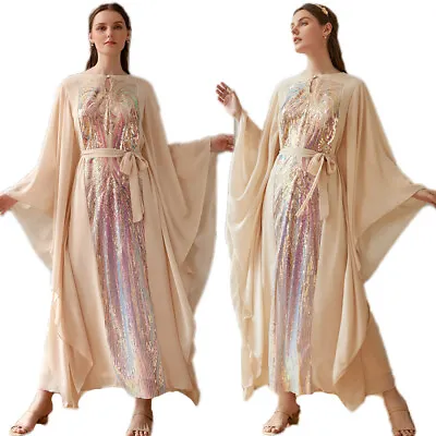 Moroccan Abaya Women Muslim Dubai Sequin Maxi Dress Evening Party Gown Kaftan • $39.58