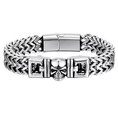 Mens Heavy Skeleton Skull Head Wheat Chain Link Stainless Steel Biker Bracelet • $18.99