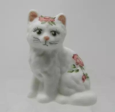 Mosser Glass White Fluffy Kitten Sitting Kitty Cat Hand Painted With Roses! 2 Av • $46