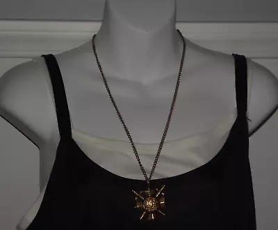 Vintage Gold Tone Lion Double Sword Shield Aluminum Pendant Chain Link Necklace • $20