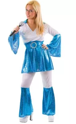 NEW 1970's Mamma Mia Blue & White Abba Ladies Large Fancy Dress Costume • £29.99