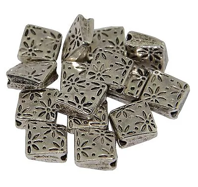 £2.39 • Buy Pack Of 15 Silver Colour Metal Flat Square Daisy Print Spacer Bead - (81720-59)