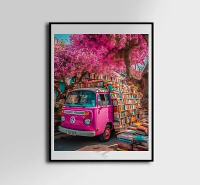 Pink Volkswagen Book Shop Art Poster Canvas Wall Art Home Decor • $129.99