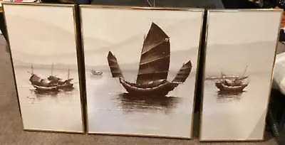 P Wong Oil On Canvas Triptych Artwork 44” X 24” Of Asian Junk Boats • $199.97