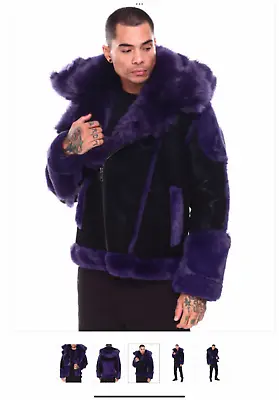 Jordan Craig El Jefe Shearling Moto Jacket Coat Mens Fur Black Purple Retro Iris • $149.90