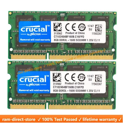 Crucial DDR3L 16GB 1600 2x 8GB PC3-12800 Laptop SODIMM Memory RAM PC3 16G DDR3 • $44.85