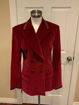 St. John Couture Maroon Velvet Double Breasted Jacket W/ Jewel Trim Size 8 • $228