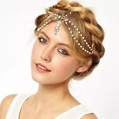 Lady Gold Plated Pearl Indian Hair Head Chain Forehead Jewelry Bridal Headband • $9.99