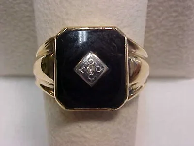 VINTAGE MENS BLACK ONYX AND DIAMOND RING 14K YELLOW GOLD Sz9.75 • $369.99