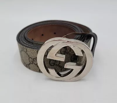 Gucci GG Canvas & Leather Belt With Interlocking G Buckle Supreme Brown Size 42 • $250