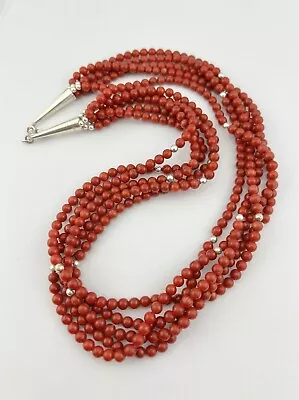 Vintage Navajo 5 Stand 4.5mm Red Coral Bead Sterling Silver Necklace 22  -78.8g • $295