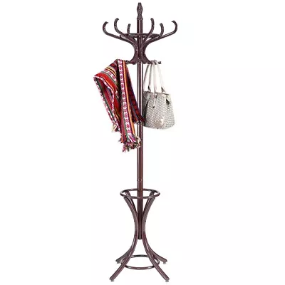 Wooden Coat Rack Hat Hanger Free Standing Hallstand Umbrella Stand With 12 Hooks • £39.95