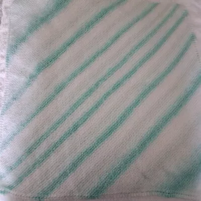 Unisex Hand Knitted Baby Blanket - White/Mint Green - 24 In X 24 In • £11