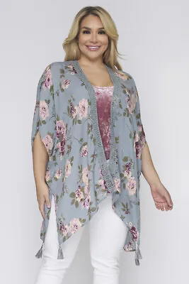 Sage Green Floral Kimono Cardigan Size XL XXL  1XL 2XL Fringe Accent Boho  • $37.72