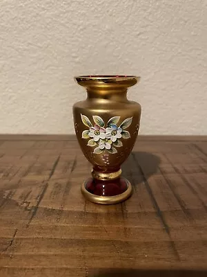 Vintage Bohemia Cranberry Glass Bud Vase 1960’s Czechoslovakia 24k Gold Gilding • $18