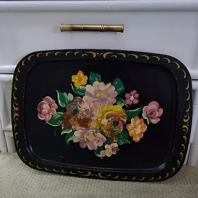 Vintage  15 X 21 Metal Floral Hand Painted Toleware Tray Black Multicolor • $8.99