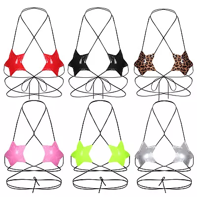 Women's Wet Look Halter Neck Star Shape Strappy Bras Tops Bralette Rave Clubwear • £10.79