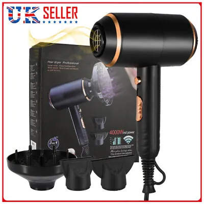 Professional Hair Dryer 4000W Fast Drying Ionic Hairdryer With Diffuser Hairdrye • £16.98