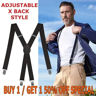 Mens Braces Suspenders Black X Back Heavy Duty Biker Snowboard Trousers • $5.95