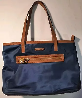 Michael Kors Kempton Navy Blue Nylon Brown Leather Tote Handbag Gently Used • $12.99