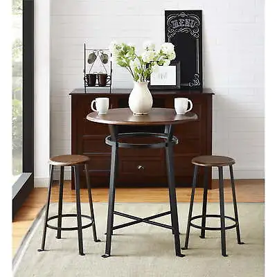 Mainstays Round 3-Piece Metal Pub Set With Wooden Top Dark Mahogany • $140