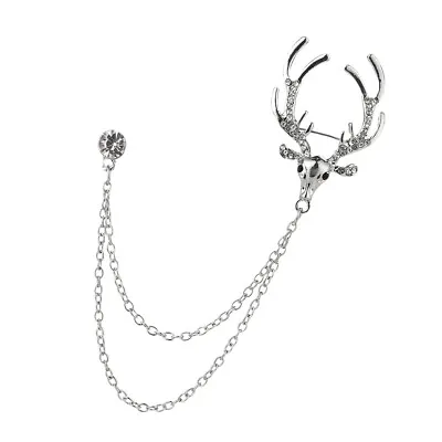 Men's Crystal Deer Head Brooch Chain Brooch Pin Badge For Suit Tie Hat Scarf • £5.48