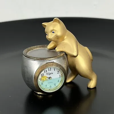 Vintage Elgin Collectible Miniature Clock Cat Kitten Fish Bowl Tiny • $29.11