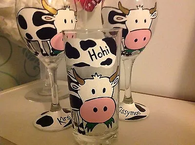 £6 • Buy Unusual Hand Painted Wine Glass - Cow Cartoon Gift Mum