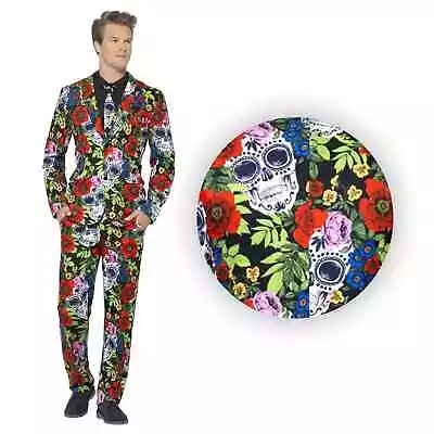 Mens Adult Quality Day Of The Dead Sugar Skull Flowers Roses Print 3 Piece Suit • £44.99