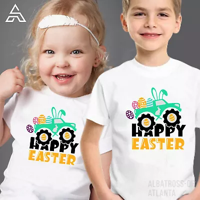 T-SHIRT (1083) Tracktor Happy Easter Bunny Ears Kids Shirt Rabbit Easter Egg Sun • £9.99