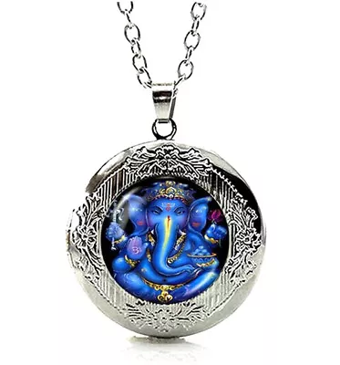 Silvertone Lord Ganesh Ganesha Locket Pendant Necklace 24  Stainless Steel Chain • $12.95