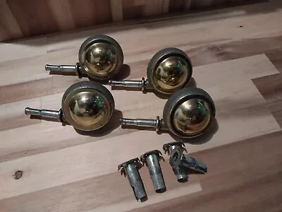 Vintage Set Of 4 Shepherd 2” Brass Ball Casters Wheels With Wood Sleeve Inserts • $29.99