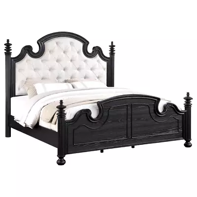 Carved Black Pine Finish Beige Fabric Upholstered King Bed Bedroom Furniture • $1099