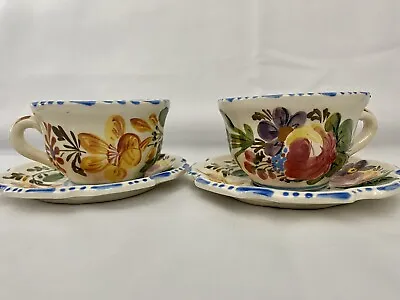 2 Vtg Italy Majolica Style Tea Cup & Saucer Sets 4PC Hand Painted EUC • $24.99