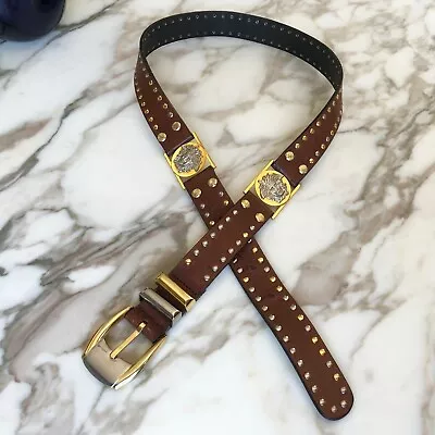 GIANNI VERSACE Belt Dual Tone Brown Leather Studded Medusa Head Size 90/36 • $1487.49