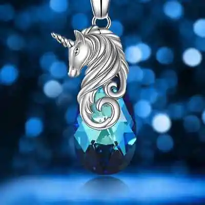 Silver Unicorn Necklace Blue Crystal Drop Pendant Chain Girls Womens Gift • £3.99