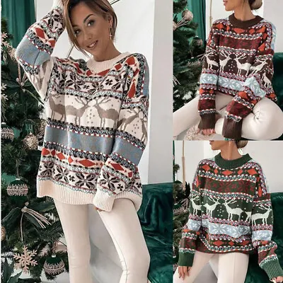 Ladies Chunky Knitted Winter Christmas Reindeer Jumper Pullover Xmas Sweater Top • $38.27