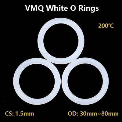 White O Rings Seal Gaskets CS 1.5mm OD 30~80mm Silicone Rubber Waterproof Washer • £1.66