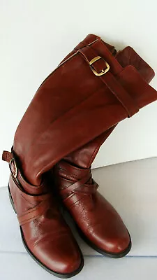 Miz Mooz KACY Brown Soft Leather Riding Boots Size 6 ~ Side-Zip Low-Heel ~Buckle • $45