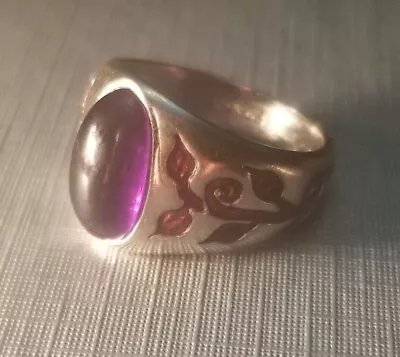 Silver 925 Amethyst Oval Cabochon Signet Enamel Ring Vintage Size 6 • $40