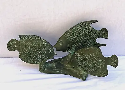 Mid Century Modern Bronze Brass Three Fish 14  Statue Sculpture Nice Patina Wow! • $65