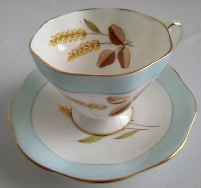 Vintage Foley Bone China England 1 Cup & Saucer Yellow Wheat Brown Leaves Blue • $16.99