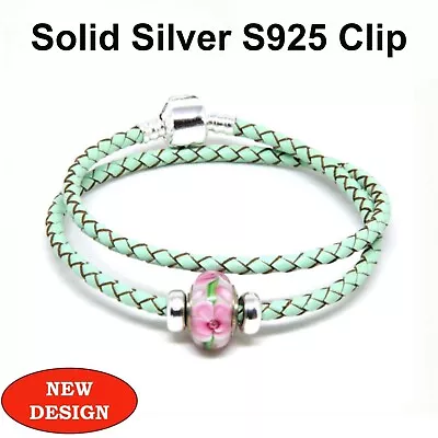 Double Leather Bracelet  S925 Silver Clip Stoppers & Murano Charm Pale Green • £14.99