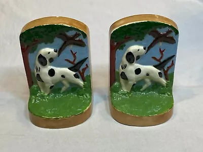 Ceramic Vintage Spaniel Dogs Bird 2 Old Bookends Book Ends Set Green Beige Brown • $39.99