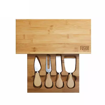 Bamboo Cheese Board Inc Knife Set Wood Slide Out Serving Party Tray Platter • £14.40