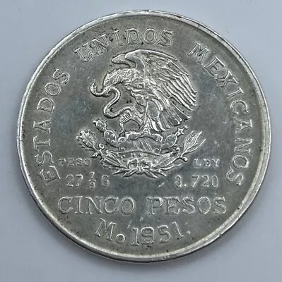 1951 Hidalgo Cinco Pesos 27 7/9 G 0.720 Plata Coin B48 • $12.55