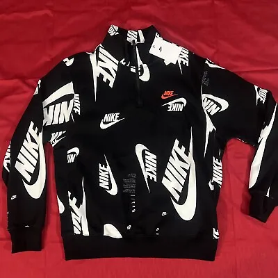 Mens Large - Nike CLUB+ BB Swoosh Black White All Over Print Half-Zip Top • $43.93