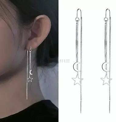 Long Chain Moon Star Tassel Drop Earrings 925 Sterling Silver Women Jewellery • £3.99