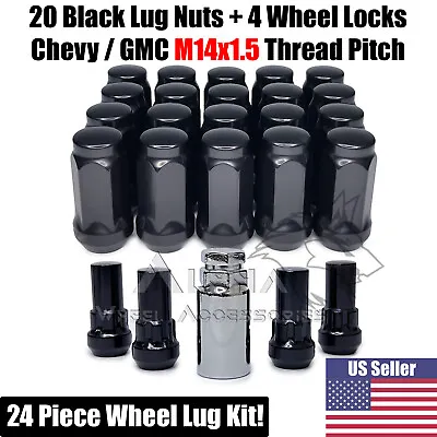 20 Black Acorn Lug Nuts + 4 Wheel Locks M14x1.5 For Chevy Silverado Sierra 1500 • $29.99