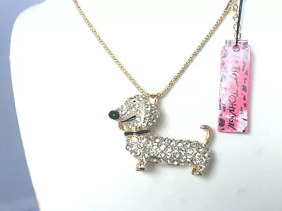 Betsey Johnson White Crystal Enamel Dachshund Dog Gold Plated Pendant Necklace  • $16.95